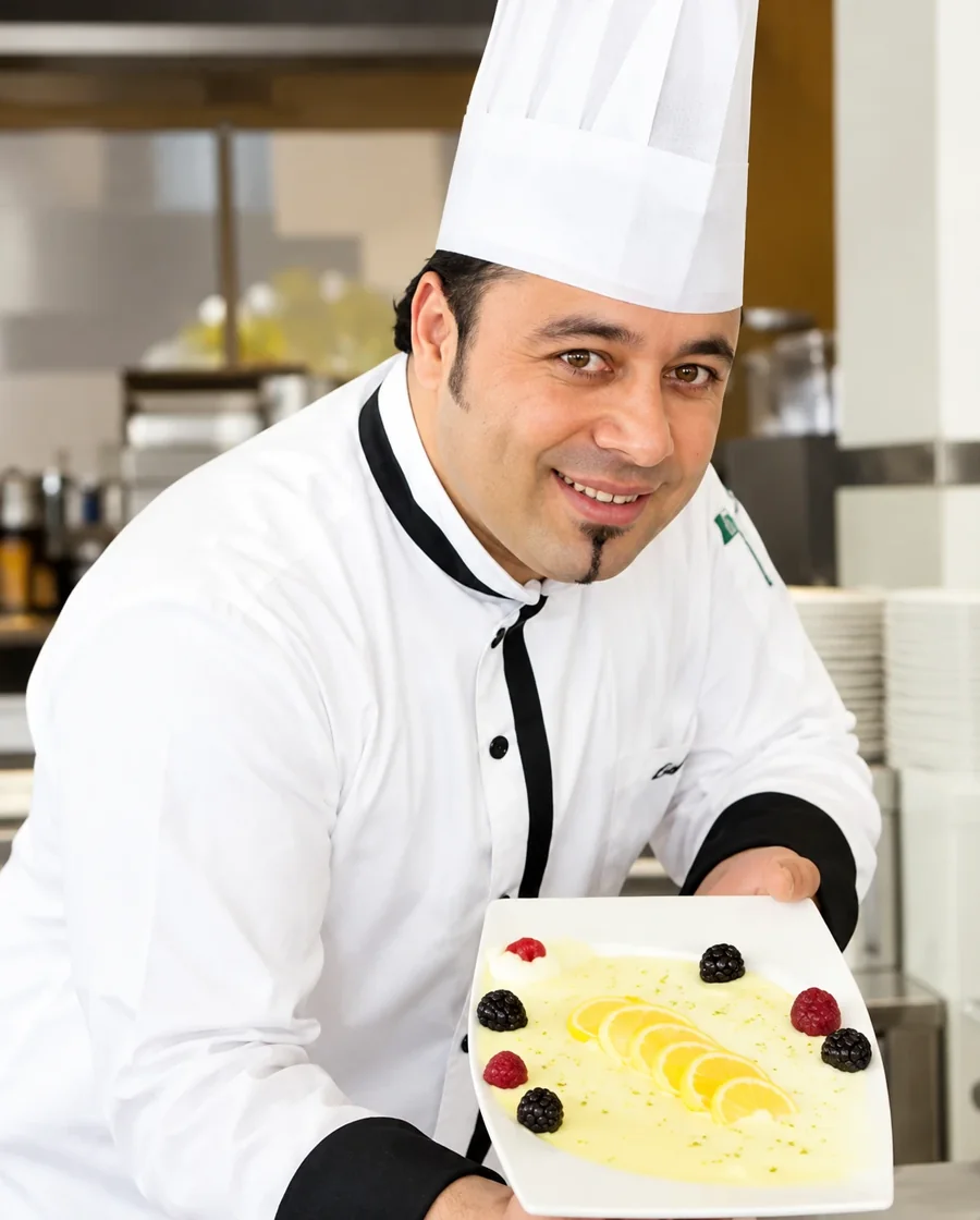 Executive Chef Gul Azam in chef whites, presenting a plated dessert