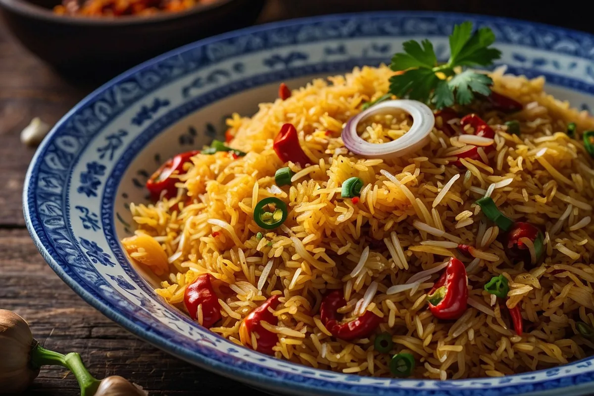 Biryani with golden basmati rice, red and green chilli, onion ring and fresh coriander in a blue-and-white bowl