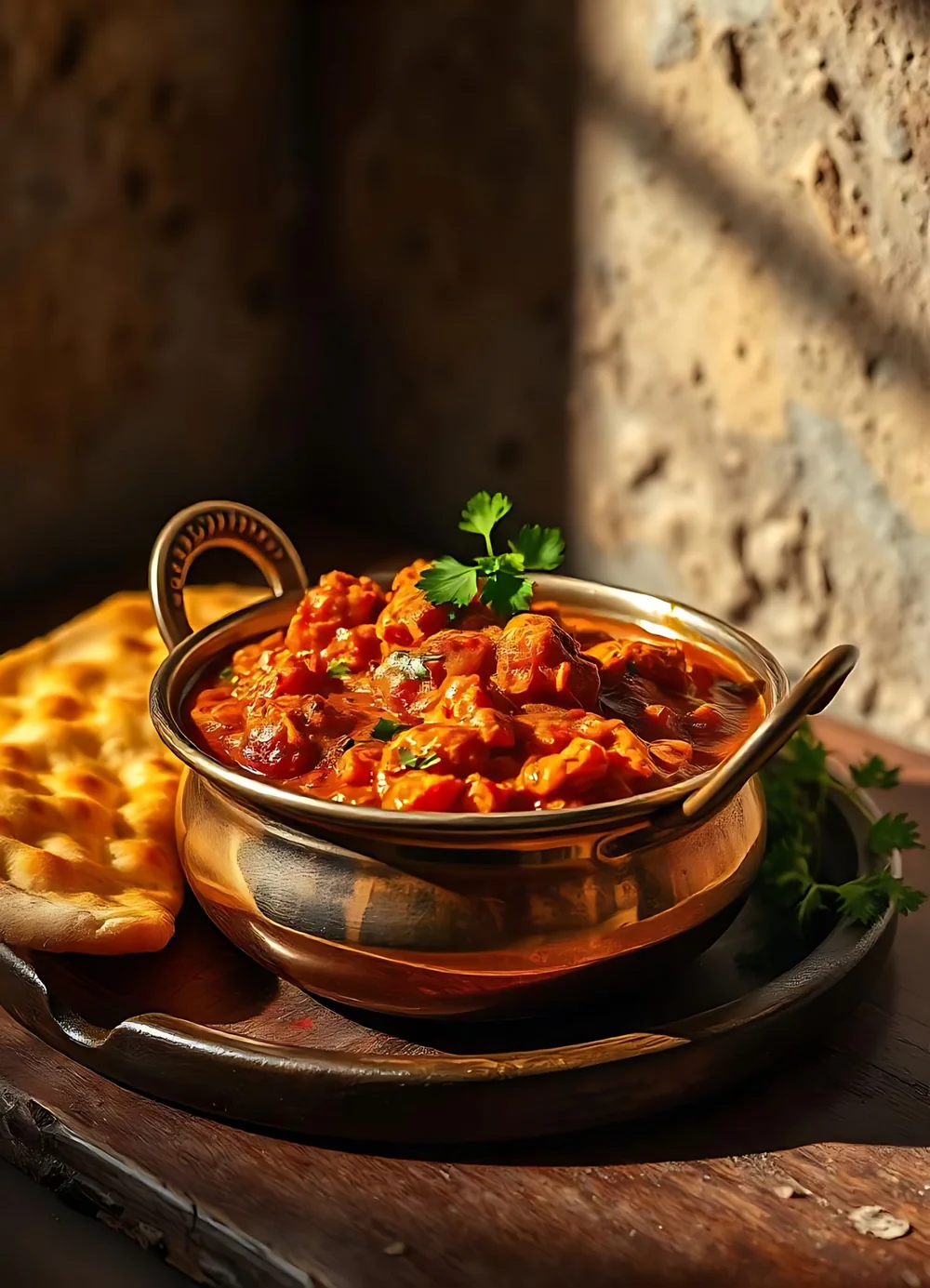 Curry in a brass handi served with warm naan and fresh coriander