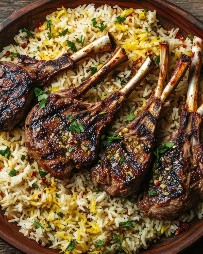 Grilled lamb chops on saffron rice with parsley, served on a wooden platter