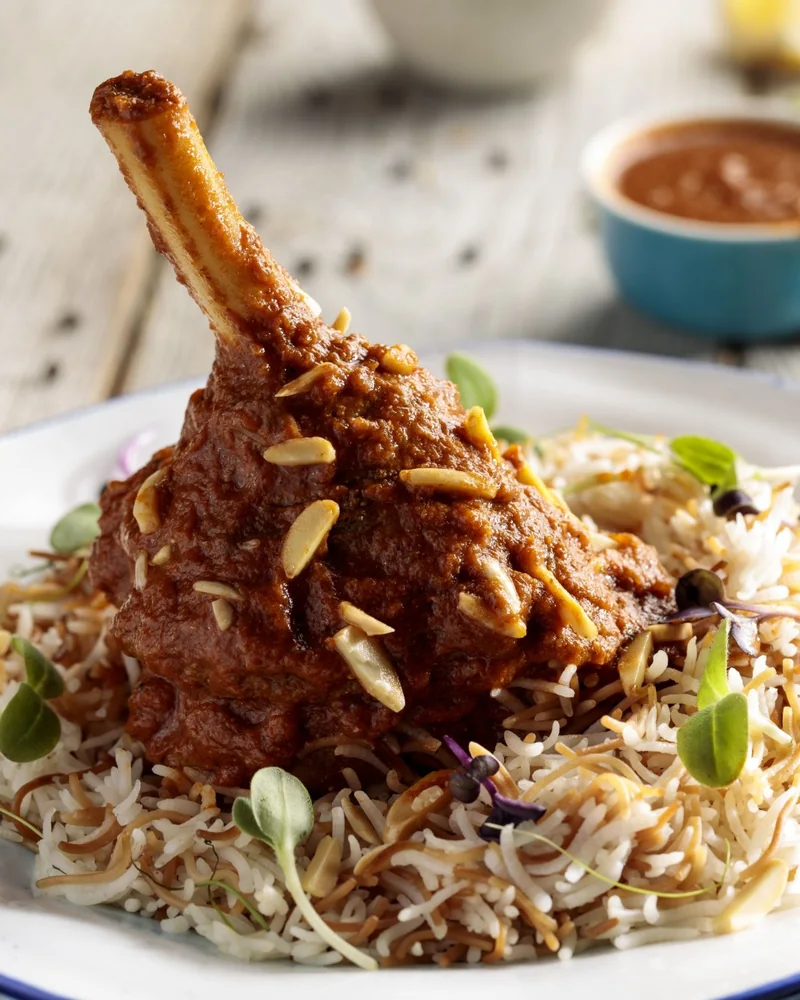 Roasted lamb shank in a rich masala with flaked almonds, served over rice