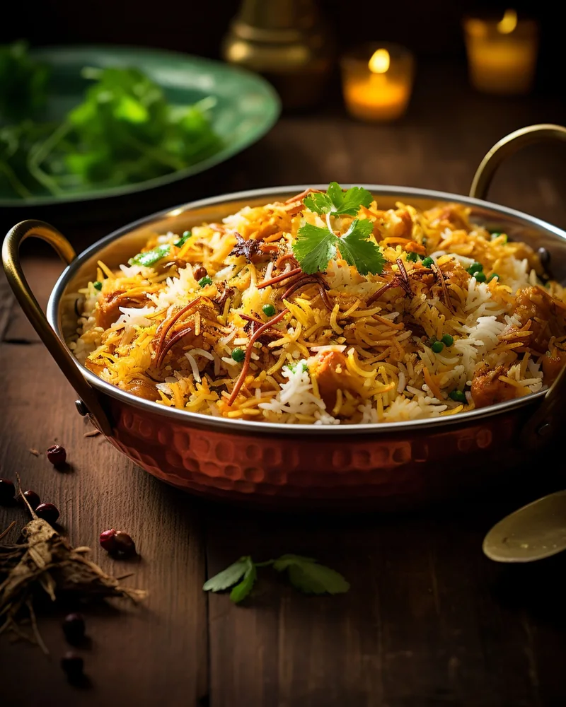 Biryani in a hammered copper karahi, topped with fresh coriander and fried onions